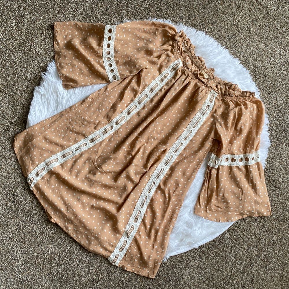 Surf‎ Gypsy Tunic Top Women’s Size Small Brown White Polka Dot Lightweight Thin
